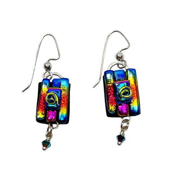 FUSED DICHROIC GLASS Multicolored Hand Crafted Artsy Dangle Earrings - Picture 13 of 13